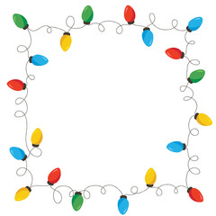 Vector Retro Colorful Holiday Christmas and New Year Intertwined String Lights Square Frame on White Background. Winter Holiday Circular Decorative Element Perfect for Invitations, Postcards