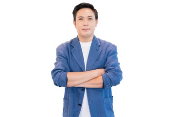 Young Asian business man in casual blue suit.He is standing with arms folded feeling confidence to work. Smart working concept