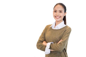 Smart smiling Asian woman in casual green shirt . She is standing with arms folded,smiling, feeling happy to work. Smart working girl concept