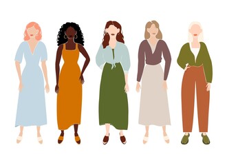 Fototapeta premium A group of young women. Abstract image of people. Modern style. People of different ethnic groups. Isolated vector illustration.
