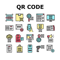 Qr Code Identification Collection Icons Set Vector. Qr Code Ticket And Bag, On Computer Screen And Web Site, Label And Scanning Pistol Color Contour Illustrations