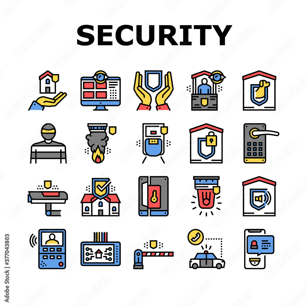 Poster home security device collection icons set vector. motion sensor and cctv camera, alarm siren and loc
