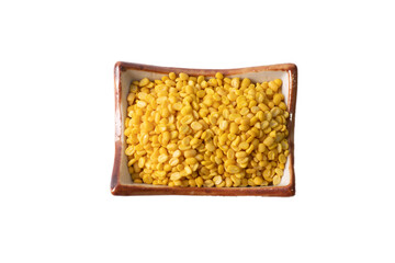 Hulled split mung bean in brown cup on white background
