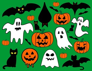 Set Halloween icons bats, pumpkins, ghosts and cats full collor