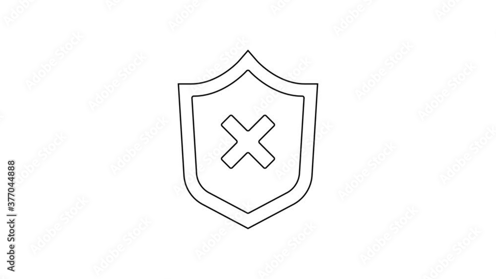 Poster black line shield with cross mark icon isolated on white background. shield and rejected. notice of 