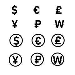 set currency icon on white background. Dollar, Euro, Pound, Yuan, Ruble, Won logo sign. money currency sign. flat style.