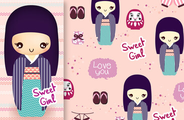 Sweet Girl Blue with pattern vector set