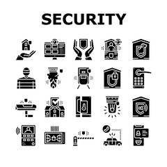Home Security Device Collection Icons Set Vector. Motion Sensor And Cctv Camera, Alarm Siren And Lock With Password Home Security And Protect Equipment Glyph Pictograms Black Illustrations