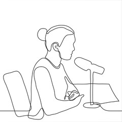 woman sitting at a table with a microphone. one continuous line drawing a woman (presenter) broadcasting on the radio / recording a podcast / giving an interview for a radio program as an expert