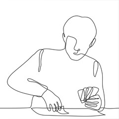 man sits at a table in his left hand he has cards, with his right hand he holds one lying on the table. one continuous line drawing of a man playing solitaire / playing card games / guessing on cards.