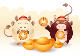 Obraz na płótnie Canvas Happy Chinese New Year 2021, Year of ox. Cartoon mascot and symbol year. Cute ox with traditional Chinese red hat and gold ingot and coins, CNY on isolated background. Vector stock illustration