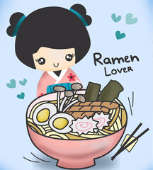 Hand drawn cute ramen lover