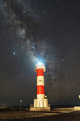 Fuencaliente lighthouse with the milky way on the route of the volcanoes south of the island of La Palma, Canary Islands, Spain