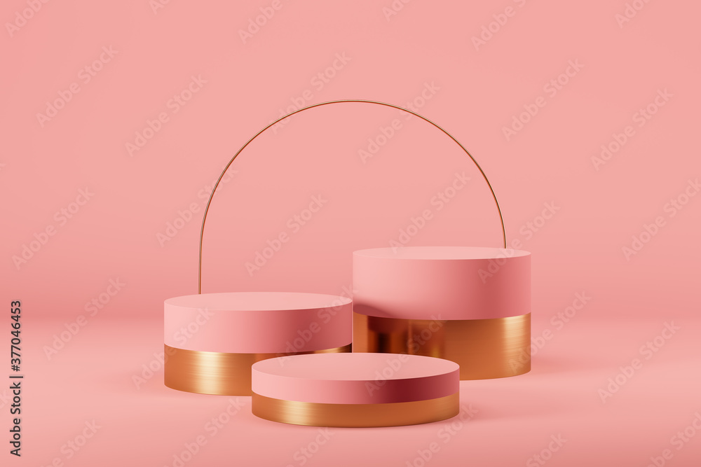 Aufkleber three pink abstract podium, pedestal, plaque, cylinder steps on the background of a round gold frame