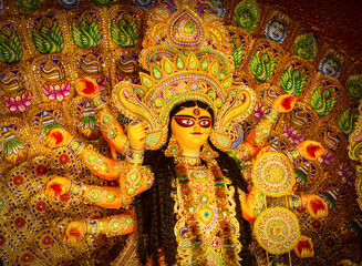 Close up view of Maa Durga's Face during Durga Puja .Durga Puja or Durgotsava,is an annual Hindu...