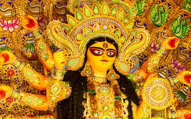 Close up view of Maa Durga's Face during Durga Puja .Durga Puja or Durgotsava,is an annual Hindu...