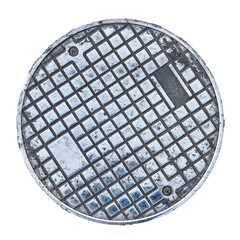 Closeup photo of Old Sewer manhole cover on white background