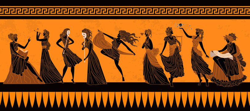 greek mythology muses Clio, Euterpe, Thalia, Melpomene, Terpsichore, Erato, Polymnia, Ourania and Calliope, 