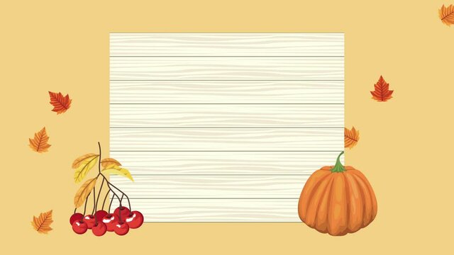 hello autumn animation with leafs and fruits frame