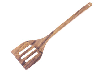 Natural Wooden spatula or flipper on white background, Kitchenware cooking concept