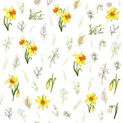 Obraz premium seamless Wallpaper of yellow flowers close-up. primroses flowers in the style of realism (doodling). modern sketch, pattern for design, Wallpaper, paper, printing, advertising.