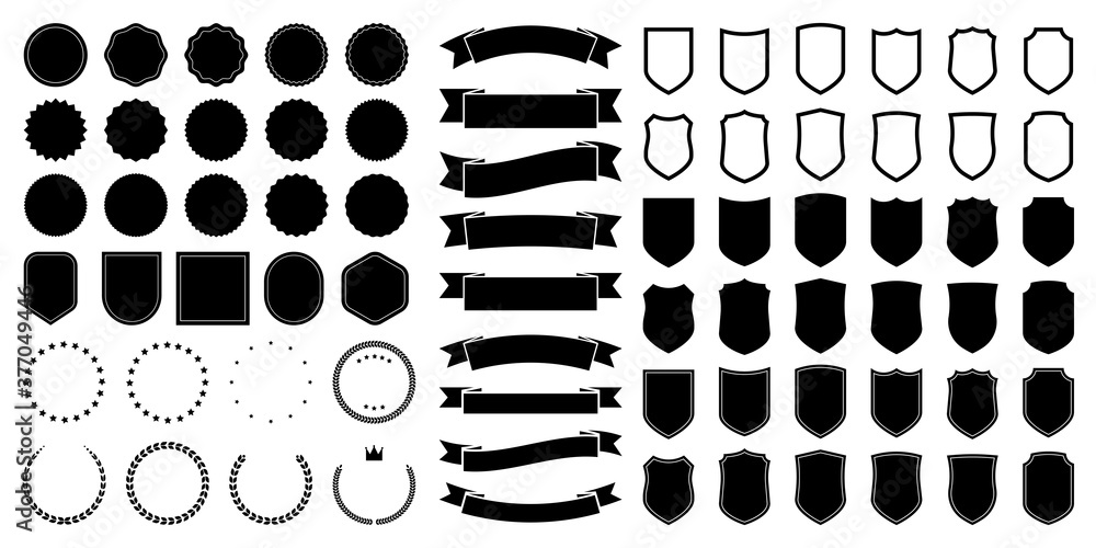 Poster set of black round, triangular and hexagonal badges and ribbons. vector flat illustrations.