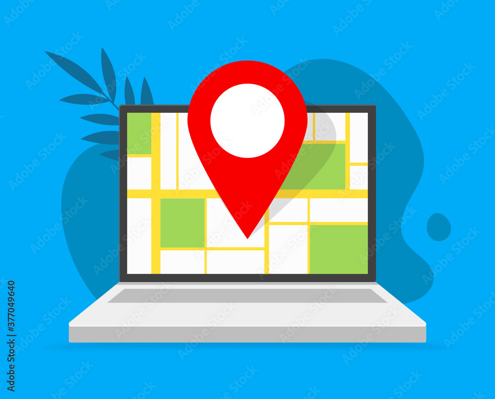 Poster pointer location and laptop with web map on the monitor. vector flat illustrations. online map.