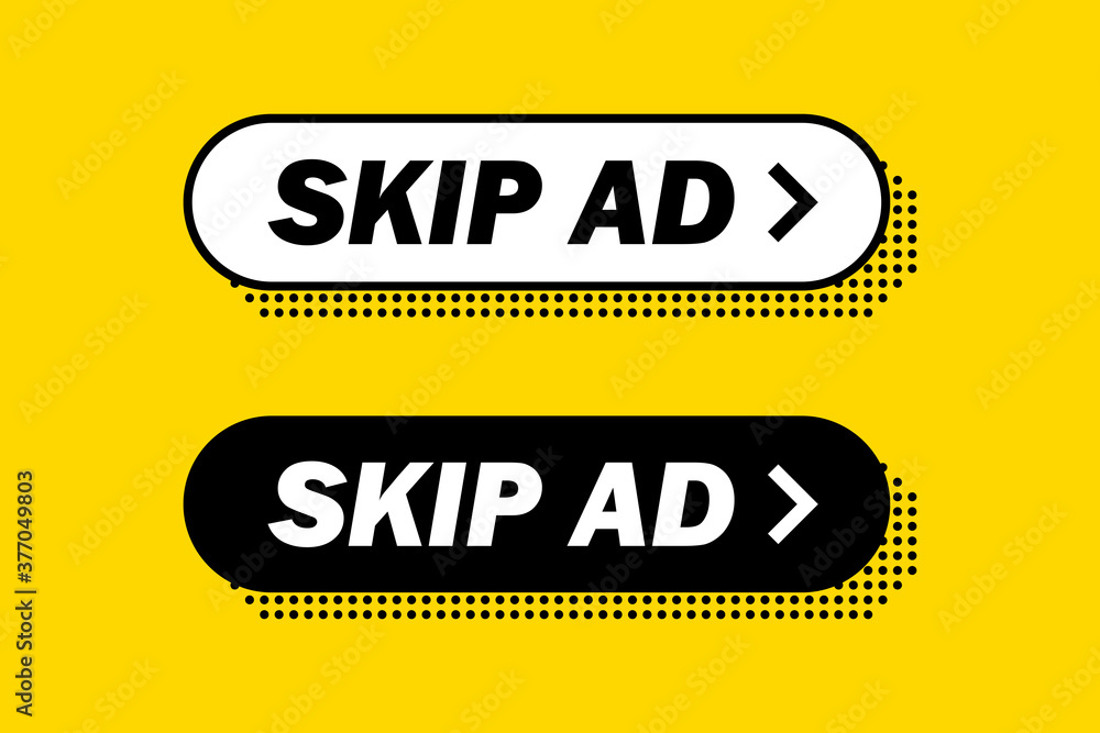 Poster set of rounded rectangle skip ad button. vector flat illustrations. stop advertisement.
