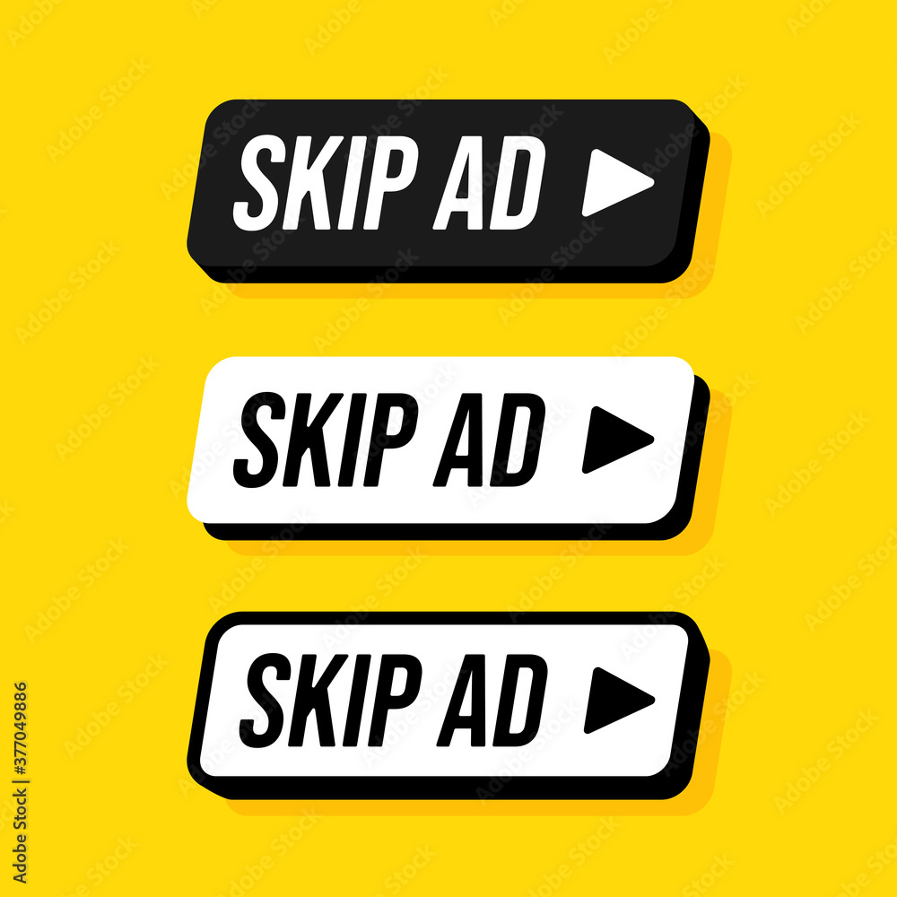 Poster set of rounded rectangle skip ad button. vector flat illustrations. stop advertisement.