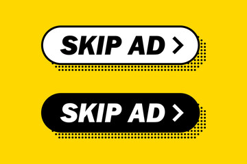 Set of rounded rectangle skip ad button. Vector flat illustrations. Stop advertisement.