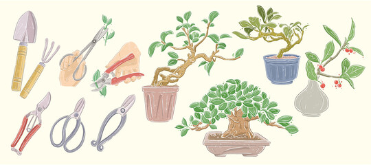 Vector illustration of gardening work, tools and plants