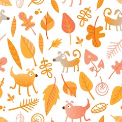 Vector seamless pattern with dogs and leaves on white background. Funny animals. Autumn time. Pets and leaf fall.