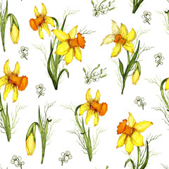 seamless Wallpaper of yellow flowers close-up. primroses flowers in the style of realism (doodling). modern sketch, pattern for design, Wallpaper, paper, printing, advertising.