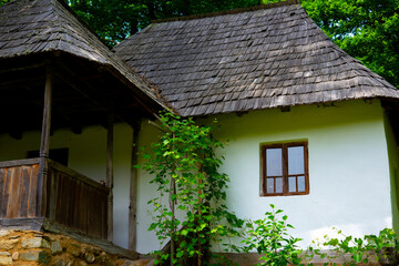 Fototapeta na wymiar peasant house in the traditional village with thatched roof and tile