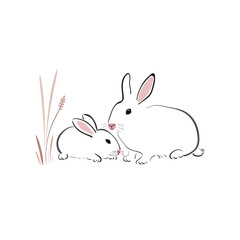 White rabbit with cub in japanese style on a white background. Bunny in simple style. Animal sketch.