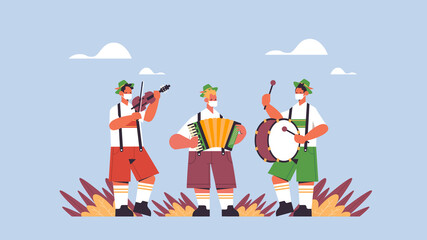 musicians playing musical instruments on folk festival Oktoberfest party celebration concept performers in german traditional clothes having fun full length horizontal vector illustration