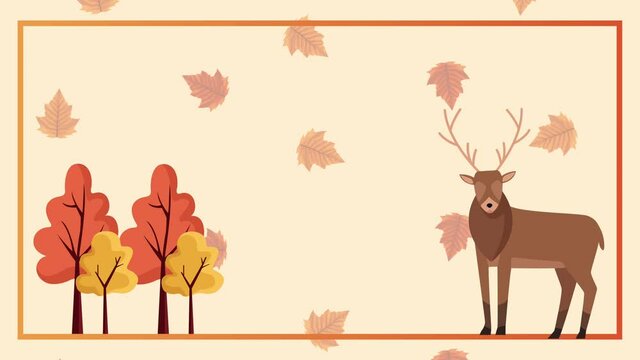 hello autumn animation with reindeer and trees in square frame