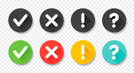 Collection round buttons with sign done, error, question mark, exclamation point. Vector flat illustrations.