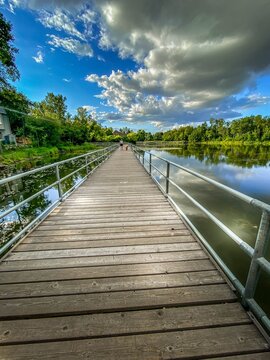 Wooden bridge over a pond with lily pads and puffy clouds in the blue sky