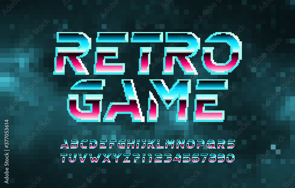 Fototapete retro game alphabet font. pixel letters, numbers and symbols. digital background. 80s arcade video g
