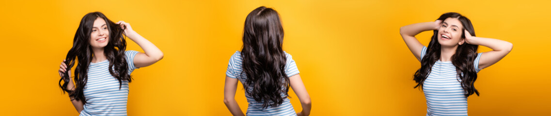 collage of brunette woman toughing curly long hair and smiling isolated on yellow, panoramic shot