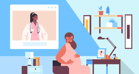 doctor on laptop screen consulting pregnant patient online gynecology consultation healthcare service medicine concept living room interior horizontal portrait vector illustration