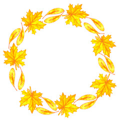 Watercolor autumn frame. Wreath made of hand drawn autumn maple leaves. Greeting card or Invitation