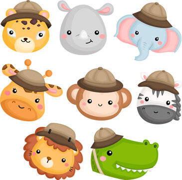 Cute Animals Icons With Safari Costume
