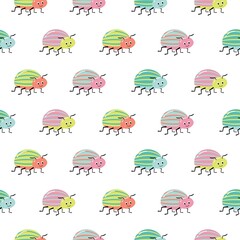 bright cute seamless pattern with beetles, white background