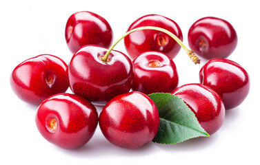 Cherries on white background. Group of raw sweet cherry fruits.