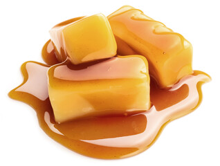Caramel candies covered with melted sugar caramel isolated on white background.