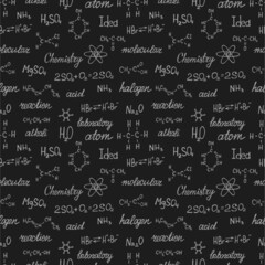 Seamless pattern with hand drawn chemistry formulas and elements. Vector science cartoon collection