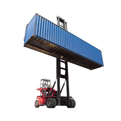 Forklift truck lifting cargo container in shipping yard for transportation import export and...
