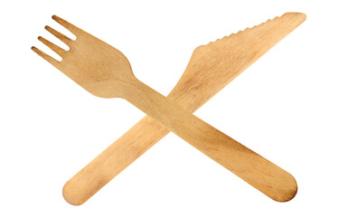 Environmentally friendly single use wooden cutlery including knife and fork crossed isolated on a white background